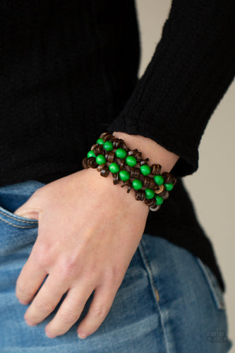 Tahiti Tourist Paparazzi Green and Brown Wood Bracelet