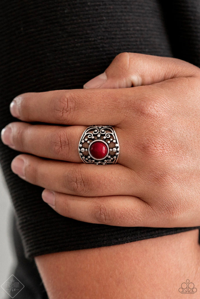 On An Adventure Red Silver Studded Filigree Papazzai Ring