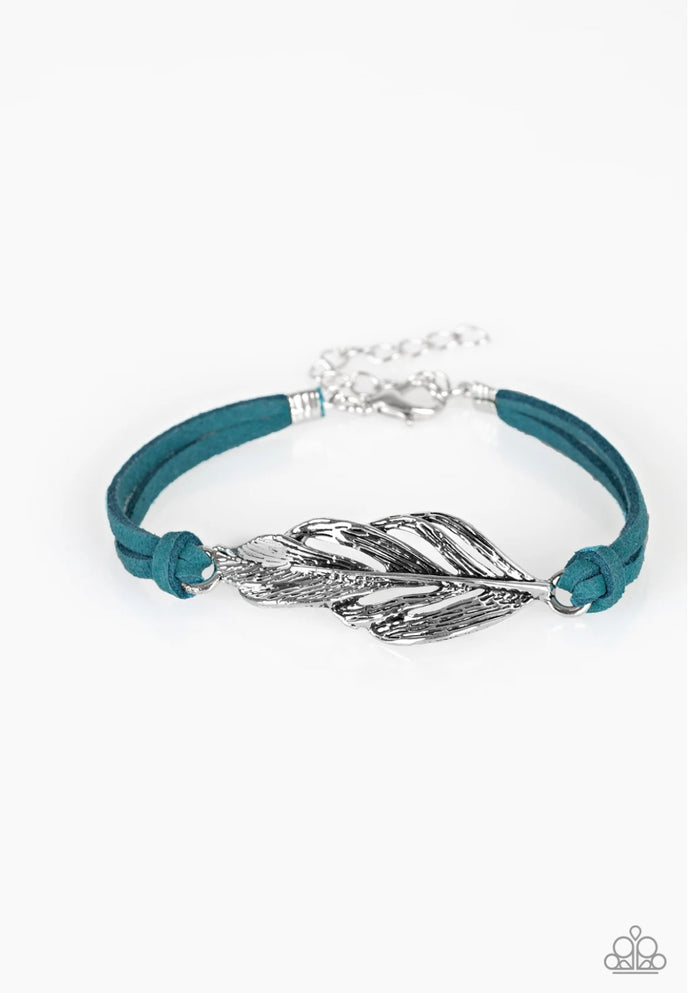 Faster Than FLIGHT Papazzai Blue Silver Feather Charm Bracelet